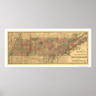Póster Tennessee Railroad & Post Office Map 1888