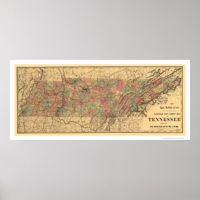 Póster Tennessee Railroad & Post Office Map 1888 (Frente)