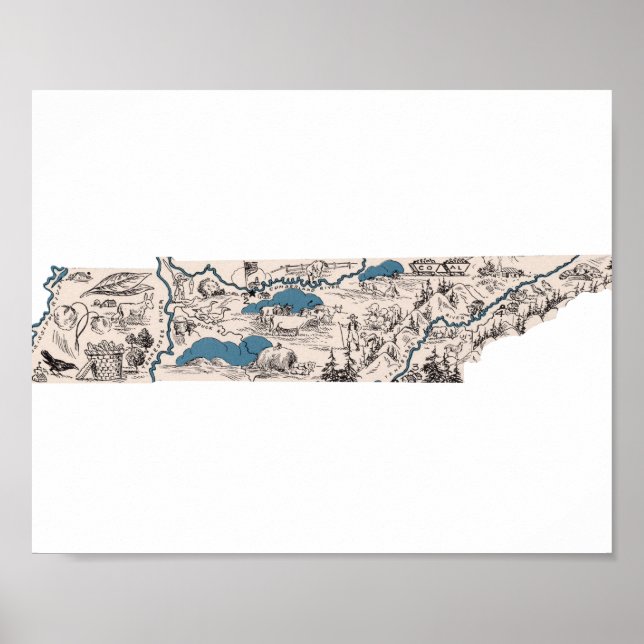 Póster Tennessee Vintage Picture Map (Frente)