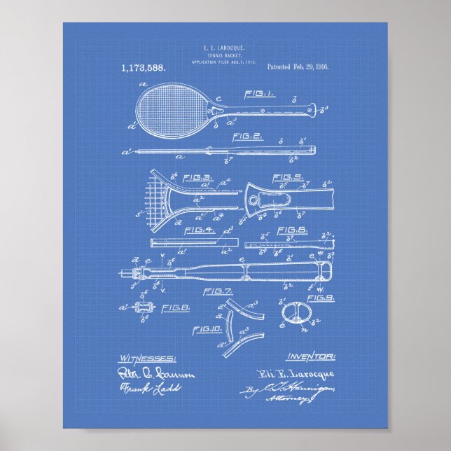 Póster Tennis Racket 1916 Patent Art - Blueprint (Frente)