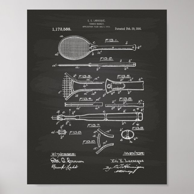 Póster Tennis Racket 1916 Patent Art - Chalkboard (Frente)