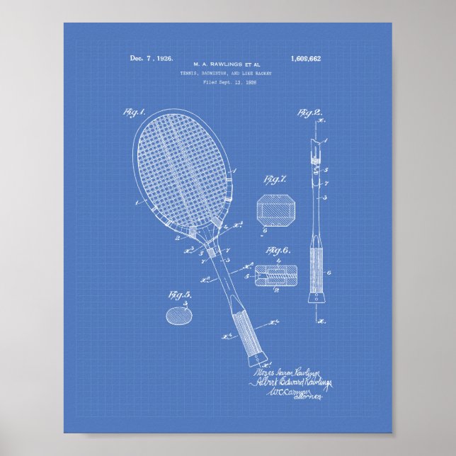 Póster Tennis Racket 1925 Patent Art Blueprint (Frente)