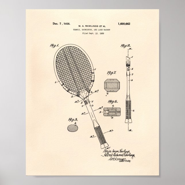 Póster Tennis Racket 1925 Patent Art Old Peper (Frente)