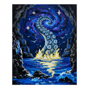 Póster Tentáculo de Kraken Cósmico Arte Oceánico