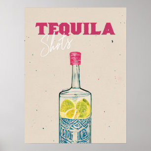 Póster Tequila Shots Retro Bar Art Pink Mexicano