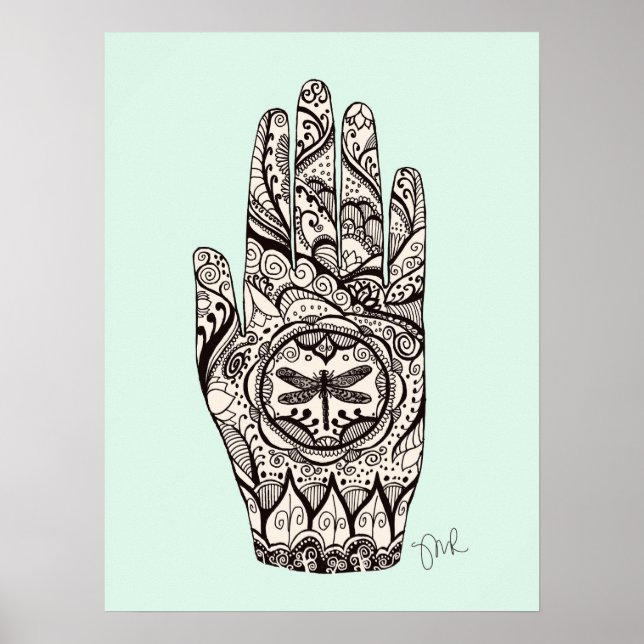 Póster Terapia de Masaje Henna Dragonfly Tattoo Hand 5 (Frente)