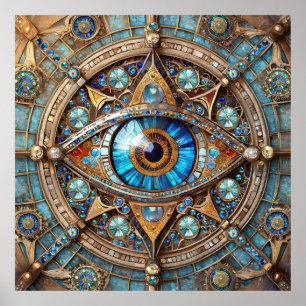 Póster Tercer Ojo - Mandala de Oro Azul Turquesa