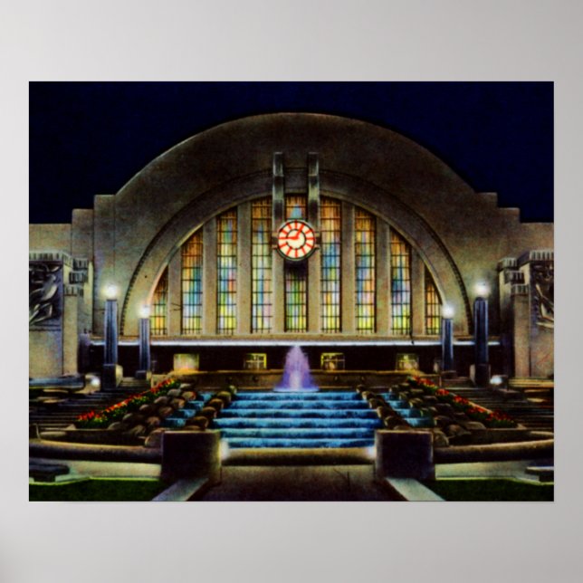 Póster Terminal de la Unión Cincinnati Ohio de noche (Frente)