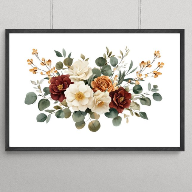 Póster Terracota Flores Botánicas Burgundy Óxido  (Burgundy Rust Cream Floral with Eucalyptus Wall Art)