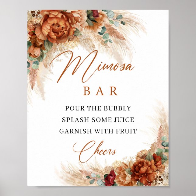 Póster Terracotta Boho y bar mimosa con flores de borgoña (Frente)