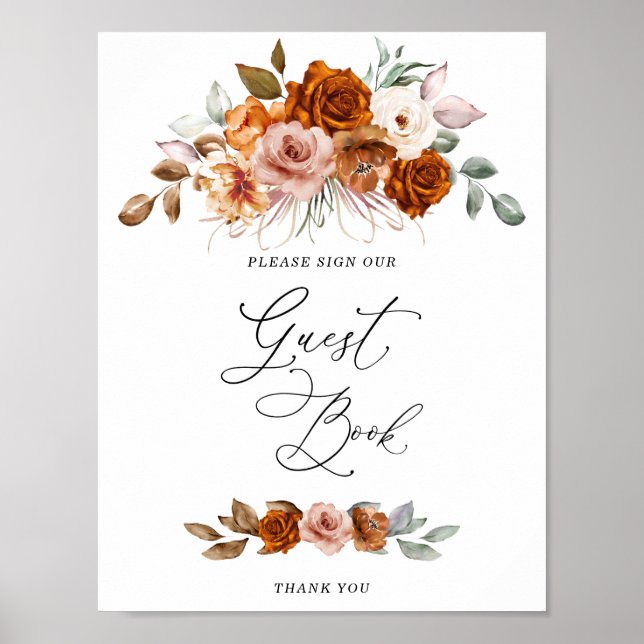 Póster Terracotta Burnt Orange Bridal Shower Guest Book   (Frente)
