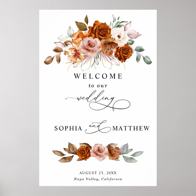 Póster Terracotta Burnt Orange Floral Wedding (Frente)