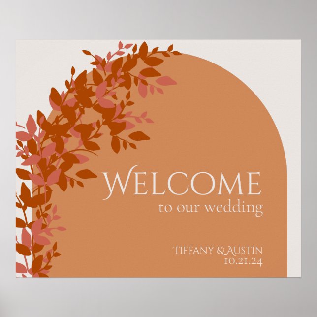 Póster Terracotta Leaves Modern Wedding Welcome Sign (Frente)