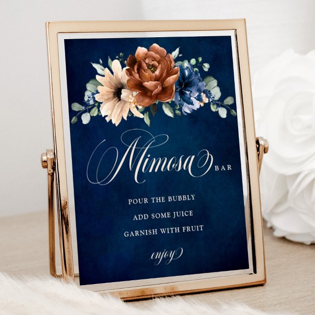Póster Terracotta Marina Blue Bridal Shower Mimosa Bar Ró (Mimosa bar bridal shower sign with terracotta and navy blue flowers)