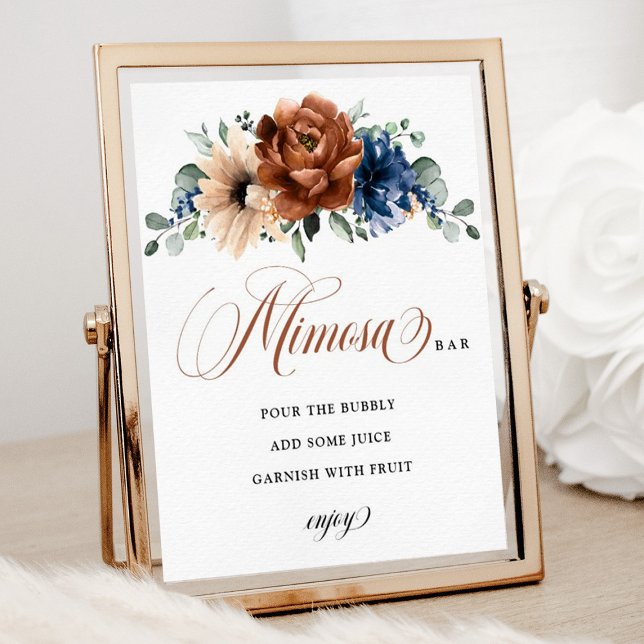 Póster Terracotta Marina Blue Bridal Shower Mimosa Bar Ró (Bridal Shower Mimosa Bar Terracotta and Navy blue floral.)