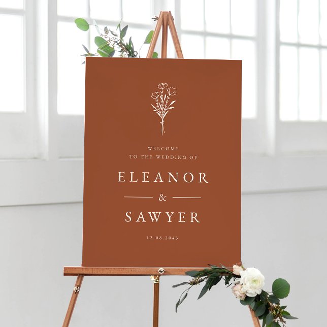 Póster Terracotta Minimalista Floral Bouquet Boda Poste (Customizable terracotta wedding sign featuring minimalist floral bouquet. Available in other colors )