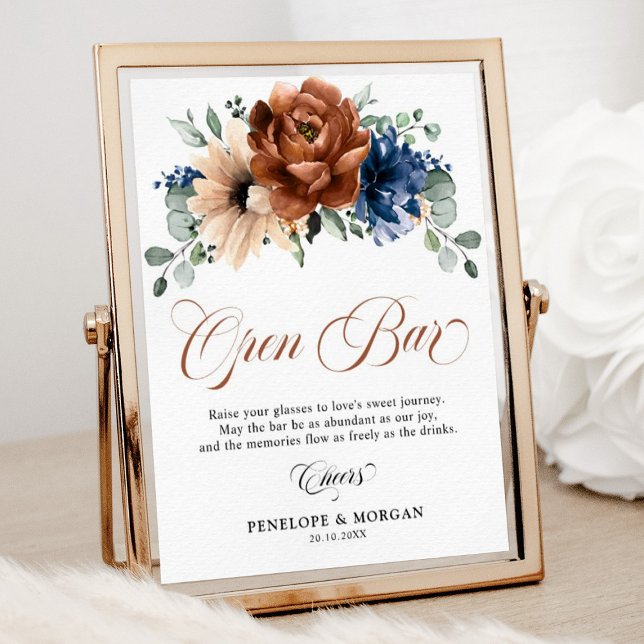 Póster Terracotta Navy Blue Bridal Shower Bar Rótulo abie (Wedding open bar sign terracotta and navy floral. )