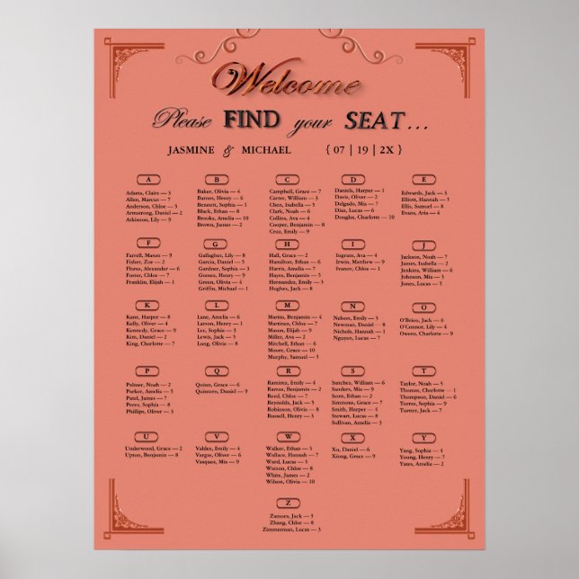 Póster Terracotta Rust Alphabetical Wedding Seating Chart (Frente)