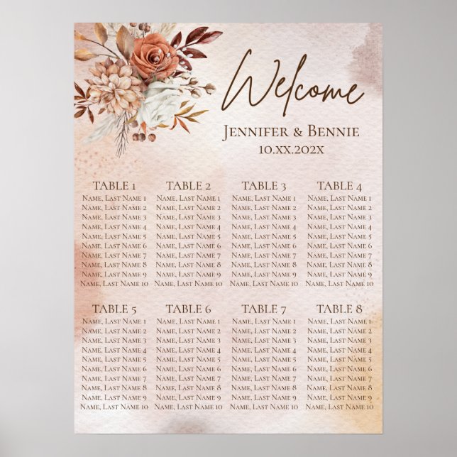 Póster Terracotta Rustic Boho Floral Watercolor Boda (Frente)