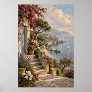 Póster Terraza costera florida y muro del pueblo de veler