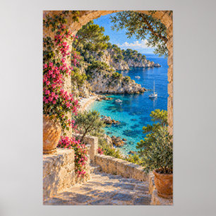 Póster Terraza de Piedra Mediterránea con Vista a Turques
