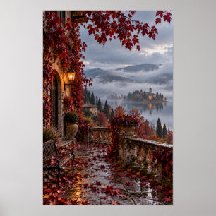 Póster Terraza Europea junto al Lago en Otoño Mural