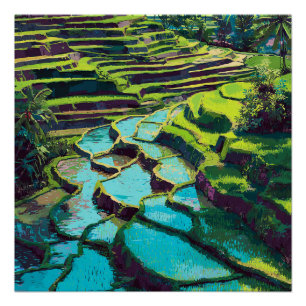 Póster Terrazas de arroz balinesas indonesias vibrantes v