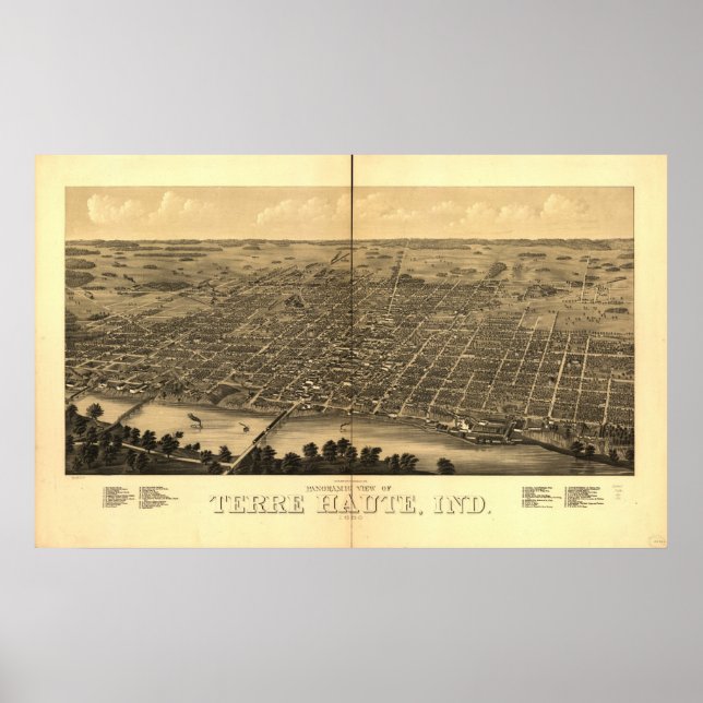 Póster Terre Haute 1880, EN Birds Eye View Panoramic Map (Frente)