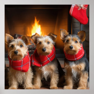 Póster Terrier Australiano junto a la Chimenea Navidad