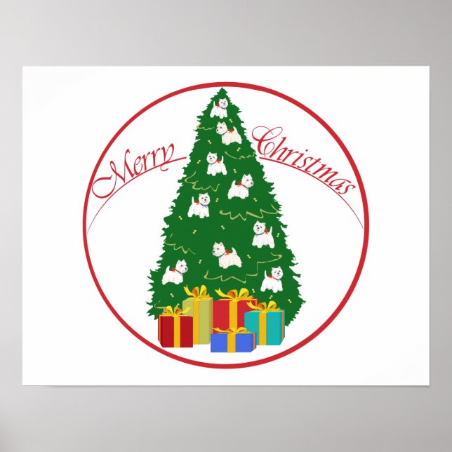 Póster Terrier Blanco de West Highland en árbol de Navida (Frente)