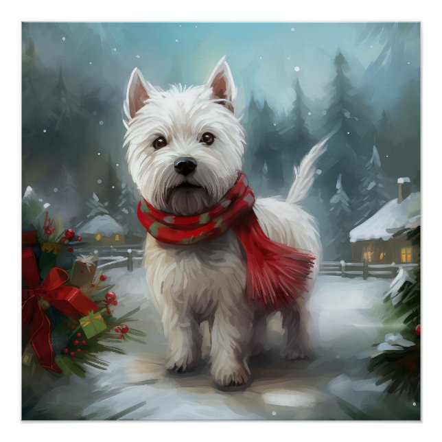Póster Terrier Blanco de West Highland en Navidad con nie (Anverso)
