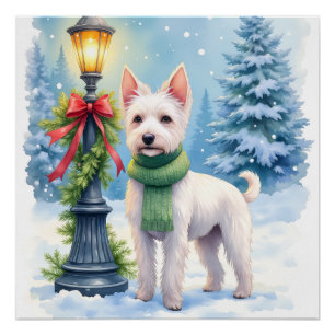Póster Terrier de Bedlington Acuarela Farola Navidad