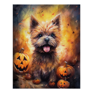 Póster Terrier de Cairn de Halloween con calabazas aterra
