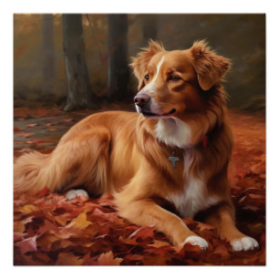 Póster Terrier de Nueva Escocia en Hojas de Otoño que Cae