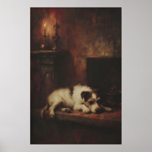 Póster Terrier de perro durmiendo cerca de la chimenea, a