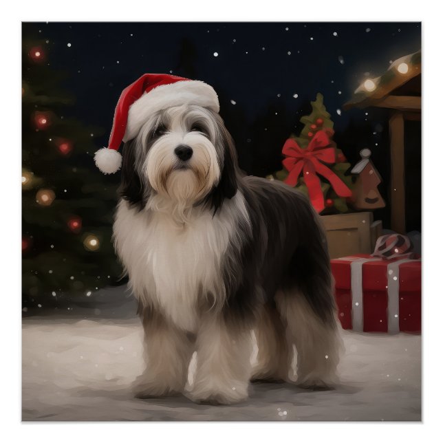 Póster Terrier Tibetano en Navidad con nieve (Anverso)