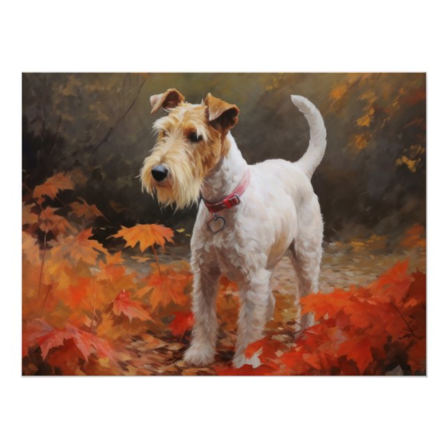 Póster Terrier Wirefox en hojas de otoño Inspira  (Anverso)