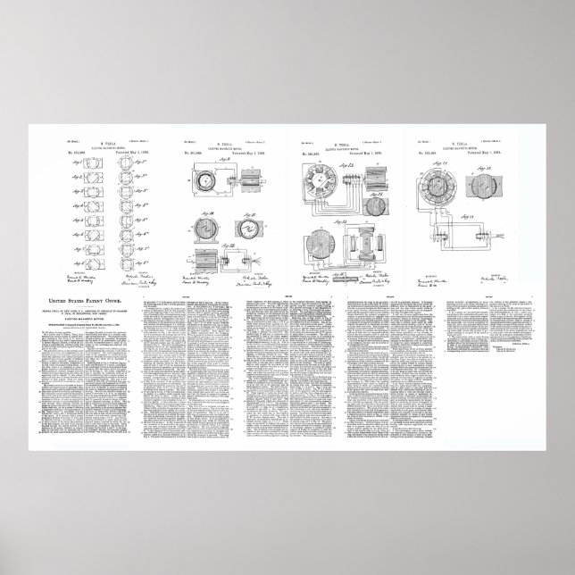 Póster Tesla Elecro-Magnet Motor Patent US381968 p 1-9 (Frente)