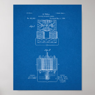 Póster Tesla Electro-magnetic Motor Patent - Blueprint