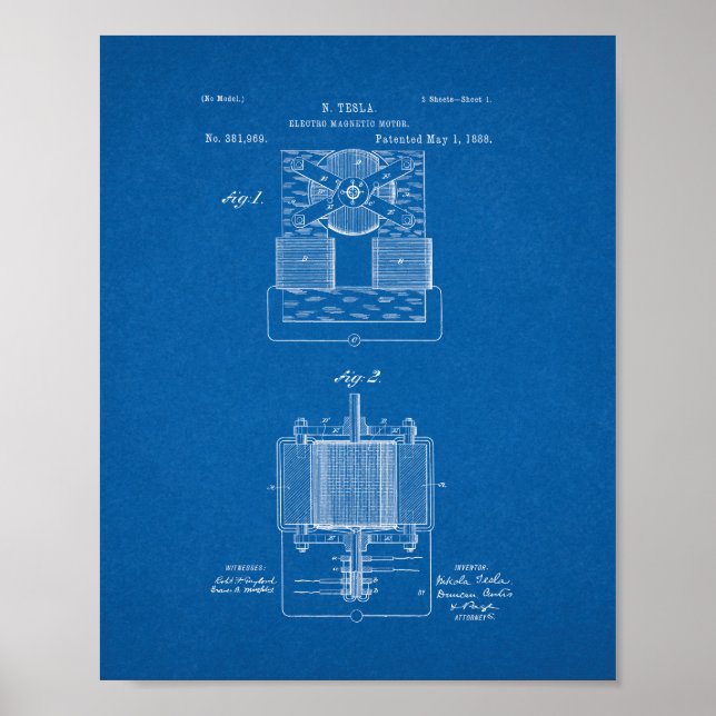 Póster Tesla Electro-magnetic Motor Patent - Blueprint (Frente)