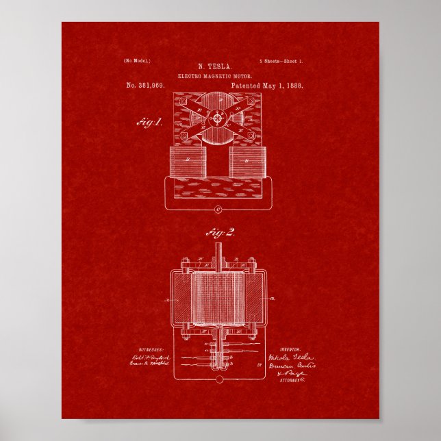 Póster Tesla Electro-magnetic Motor Patent - Burgundy Red (Frente)