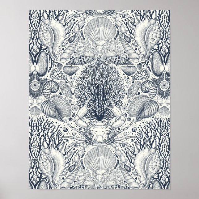 Póster Tesoros de playa, conchas marinas, cangrejos, cora (Frente)