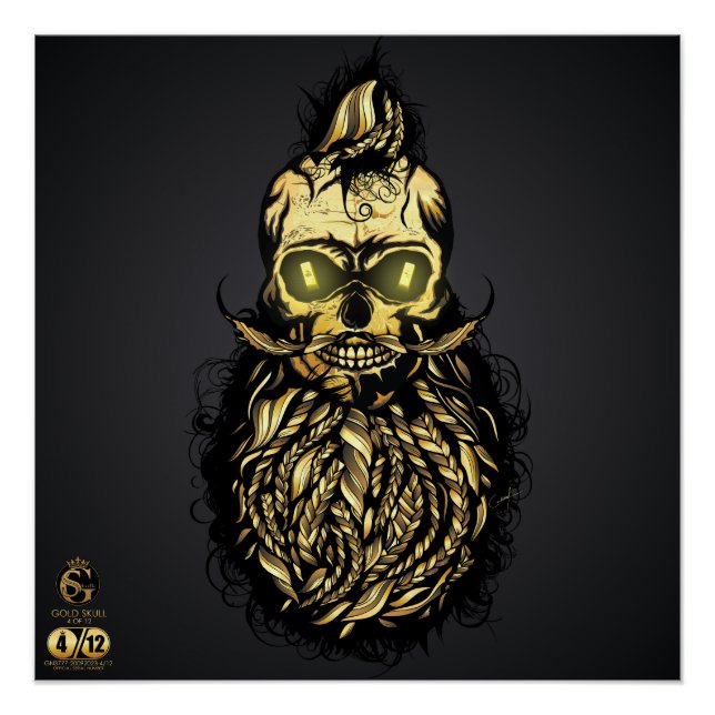 Póster Tête de mort hipster skulls barbe et moustache or (Anverso)