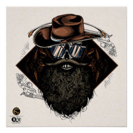 Póster Tête de mort hipster skulls cowboy barbu