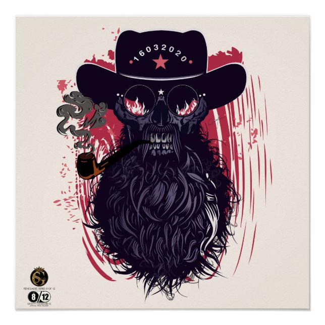 Póster Tête de mort hipster skulls cowboy fume pipe (Anverso)