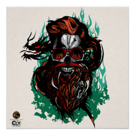 Póster Tête de mort hipster skulls dragon tribal barbu
