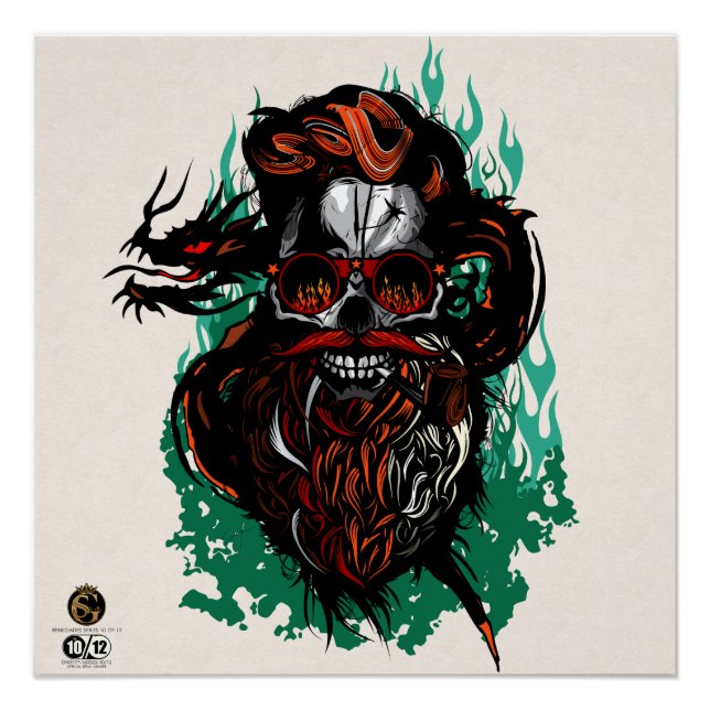 Póster Tête de mort hipster skulls dragon tribal barbu (Anverso)