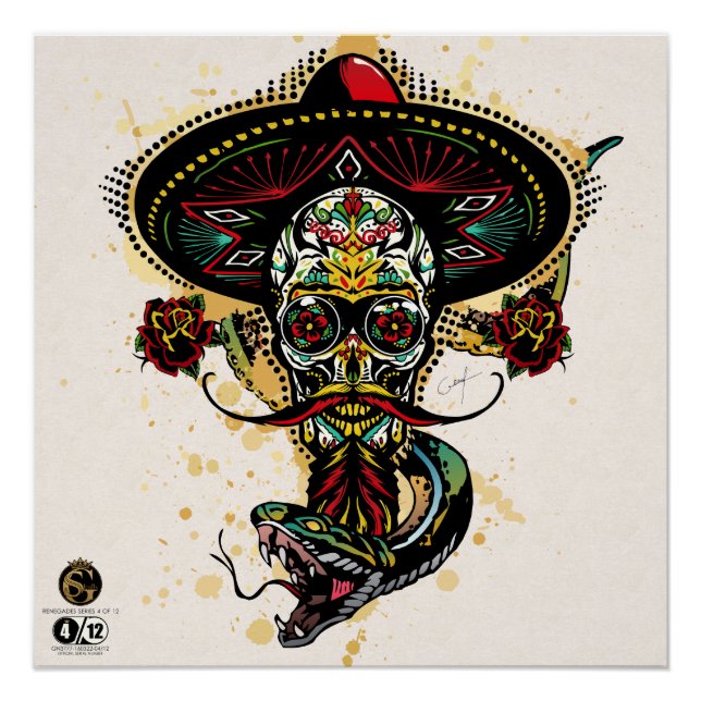 Póster Tête de mort hipster skulls mexicaine serpent (Anverso)