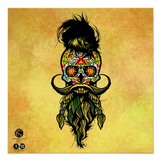 Póster Tête de mort mexicaine hipster skulls barbu et mou (Anverso)