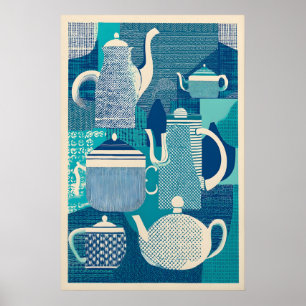 Póster Tetera Azul Giclée Imprimir Moderno de Mitad de Si